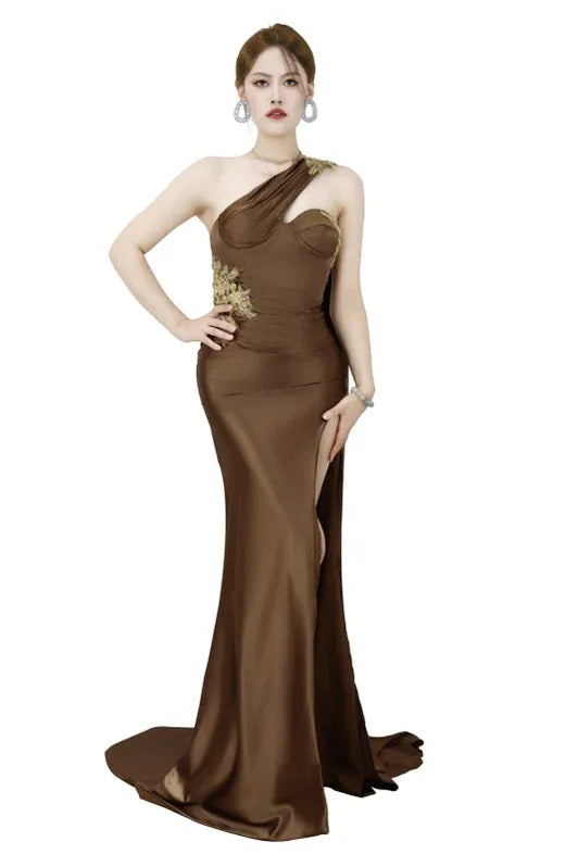 Glamorous Mermaid One Shoulder Cape Beaded Brown Floor-Length Prom Dress For Women