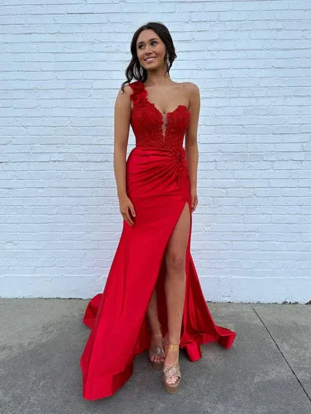 Glamorous Mermaid One Shoulder Lace Applique Satin Red Train Prom Dress