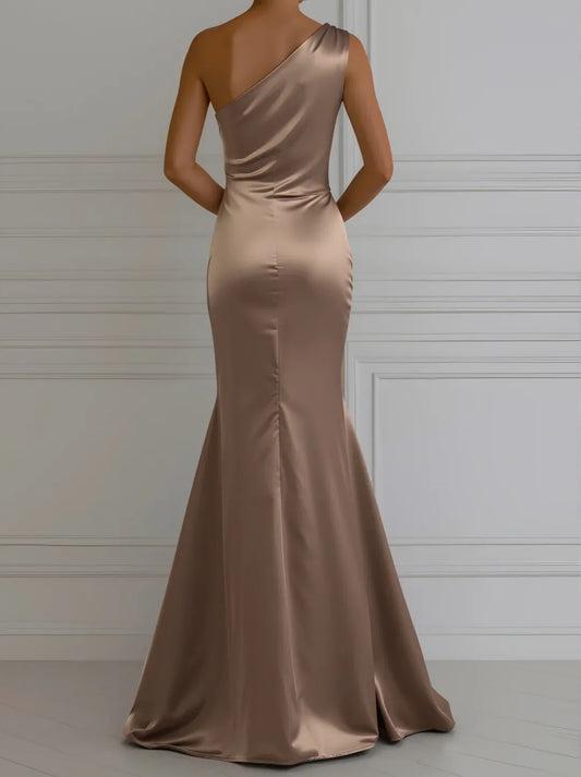 Glamorous Mermaid One Shoulder Ruched Taupe Floor-Length Evening Dresses