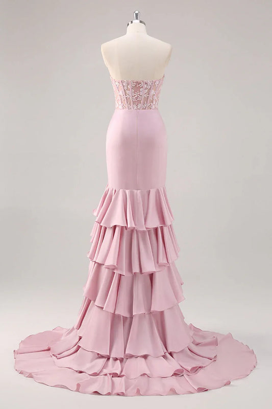 Glamorous Mermaid Strapless Corset Lace Tiered Ruffle Blush Maxi Prom Dress