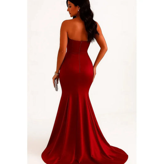Glamorous Mermaid Strapless Ruched Draped Burgundy Train Prom Dress