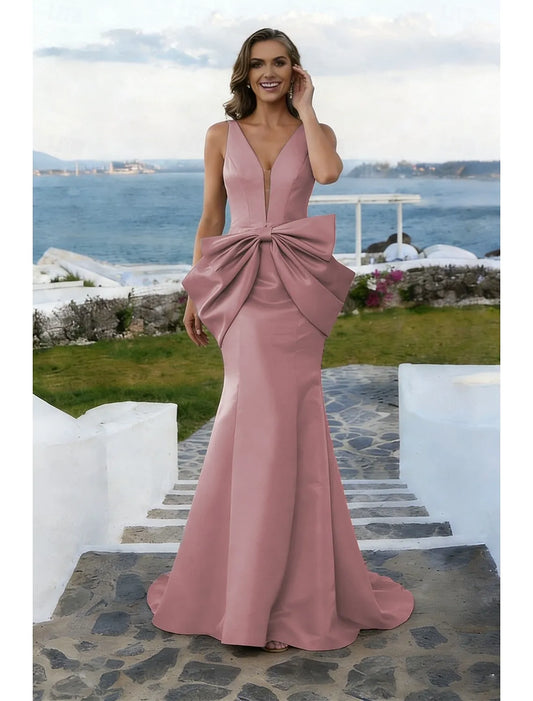 Glamorous Mermaid V-Neck Bow Satin Dusty Rose Prom Dress With Train