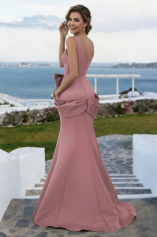 Glamorous Mermaid V-Neck Bow Satin Dusty Rose Prom Dress With Train