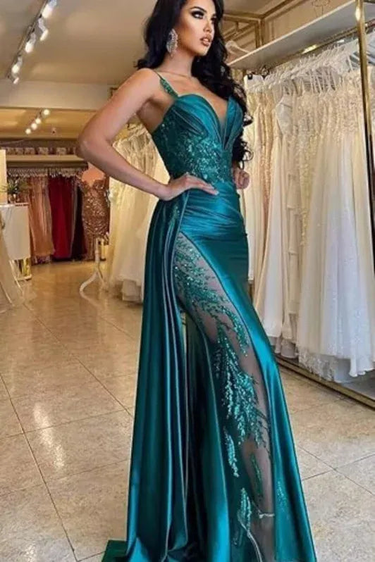 Glamorous Mermaid V-Neck Sleeveless Beaded Teal Maxi Evening Dress for Women Custom