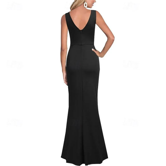 Glamorous Mermaid V-neck Sleeveless Ruched Black Maxi Prom Dress for Women Hot Sale