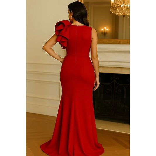 Chic Classy Mermaid V-neck Ruffle Red Train Prom Dress For Sale