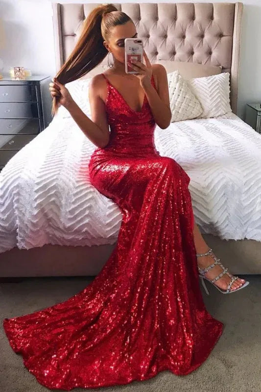 Glamorous Mermaid Cowl Neck Sequin Red Evening Dress For Ladies Hot Sale