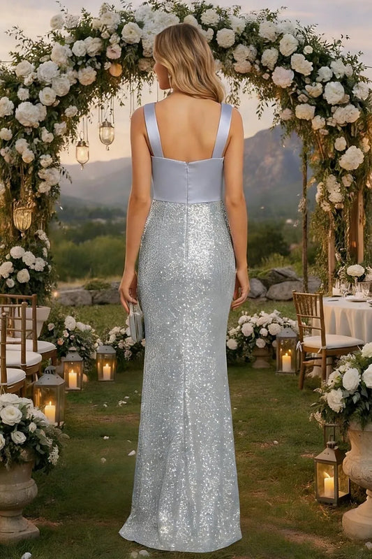Glamorous Mermaid Sweetheart Sleeveless Bow Sequin Satin Silver Maxi Prom Dress