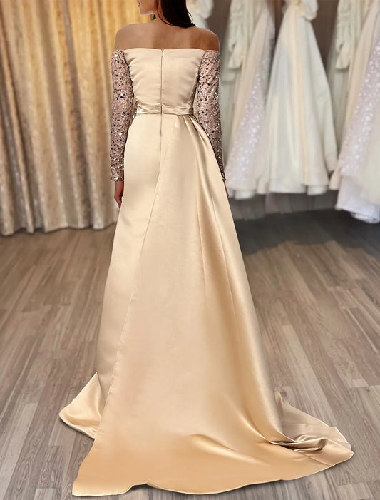 Glamorous Sheath Off-Shoulder Long Sleeve Sequin Embellished Champagne Floor-Length Prom Dress For Women Ready To Ship