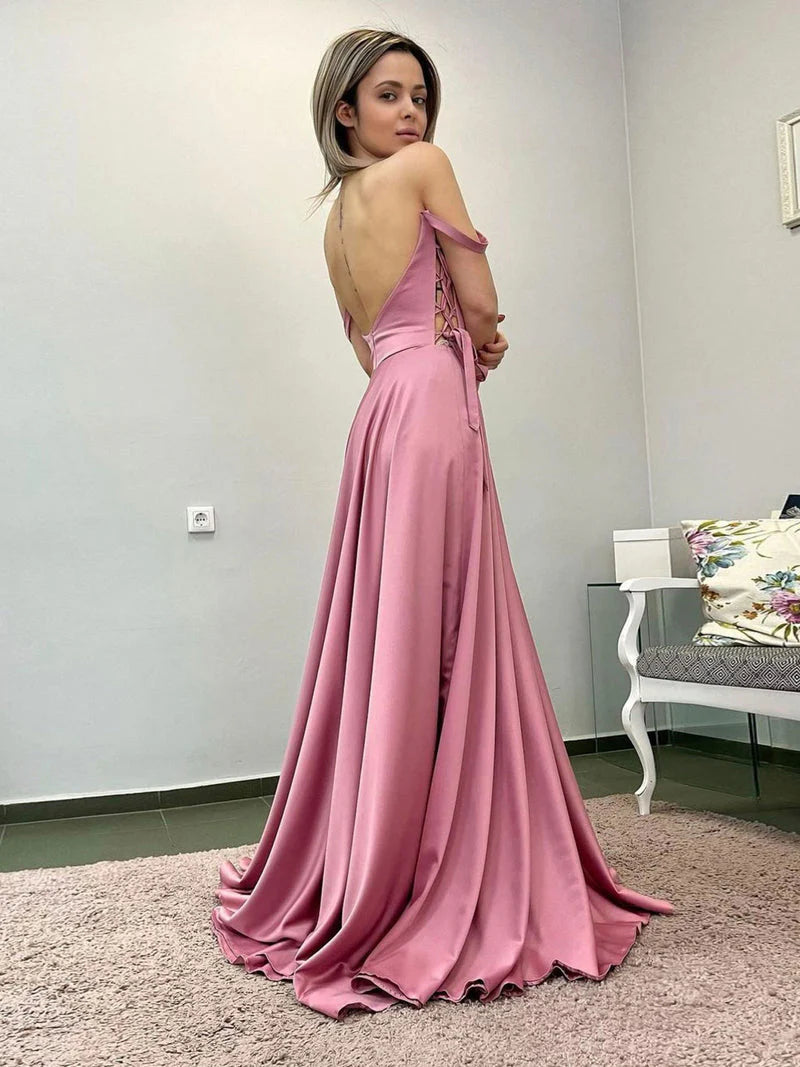 DingJiDress Prom Dresses Off-the-Shoulder Floor-Length Satin Sweetheart Long Backless