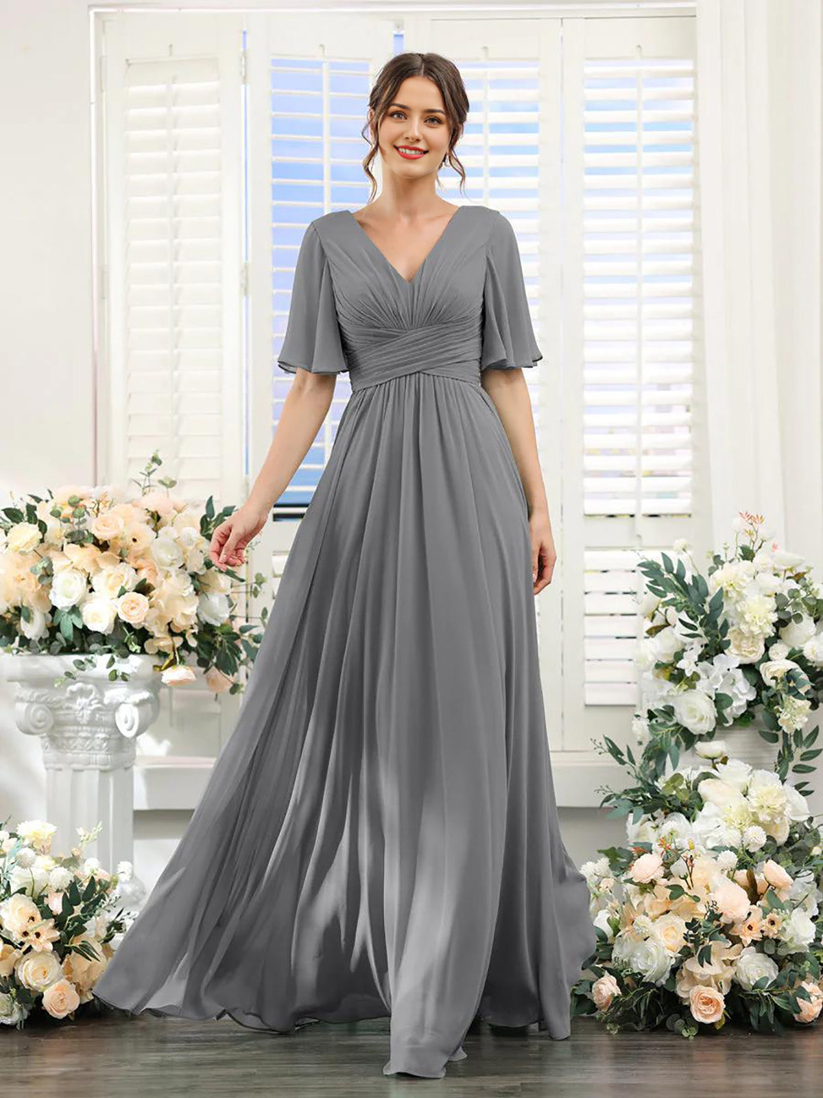 DingJiDress A-Line Bridesmaid Dress V-Neck Sleeve for Wedding Guest Long Formal Party Dresses with Slit
