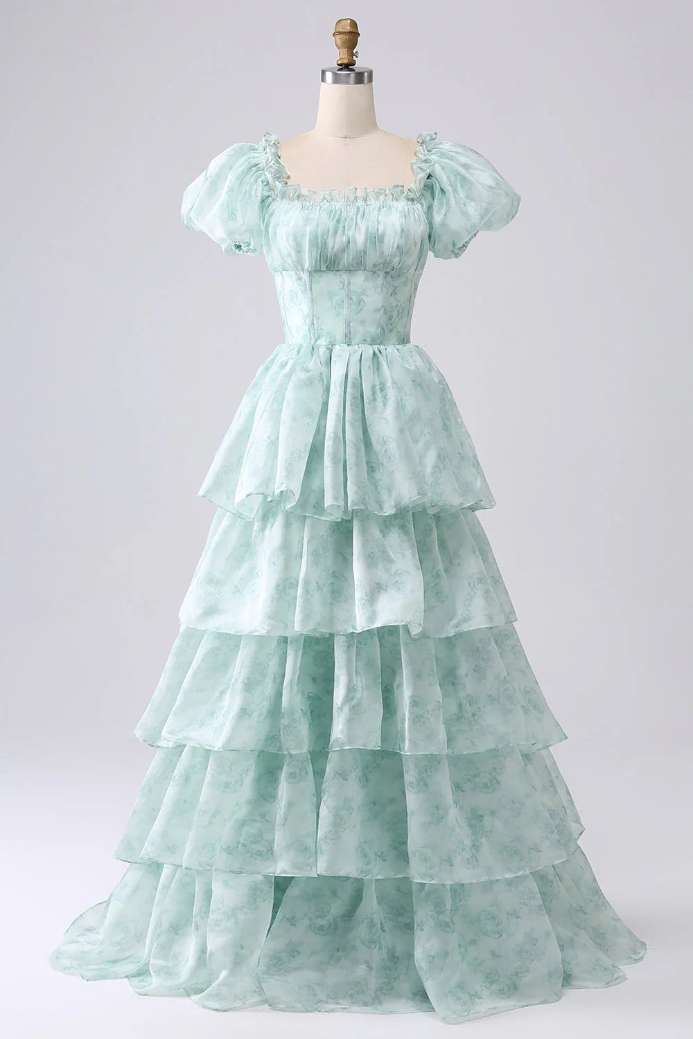 DingJiDress Green A Line Square Neck Tiered Long Prom Dress with Ruffles