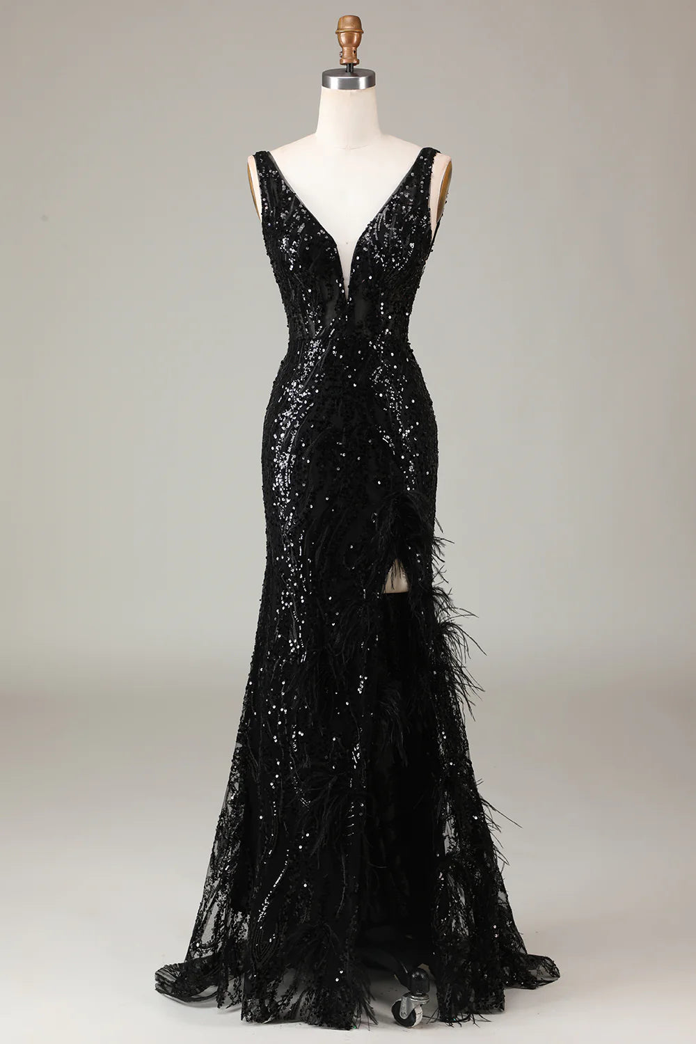 DingJiDress Black Sparkly Depp V-neck Mermaid Prom Dress with Feathers