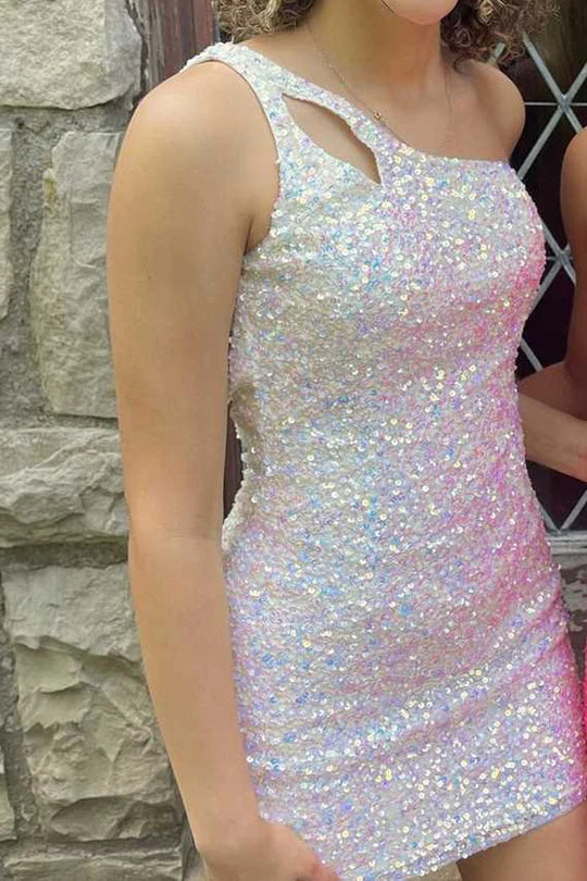 DingJiDress One Shoulder Homecoming Dresses Sequins Bodycon Mini Dress with Keyhole Graduation Dresses