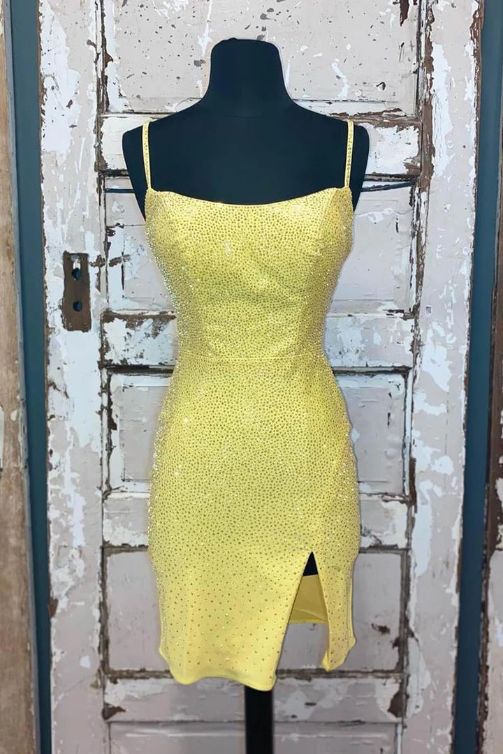 DingJiDress Beaded Light Blue Bodycon Party Dress with Slit Graduation Dresses