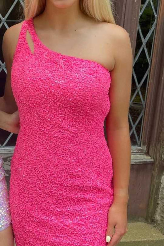 DingJiDress One Shoulder Homecoming Dresses Sequins Bodycon Mini Dress with Keyhole Graduation Dresses