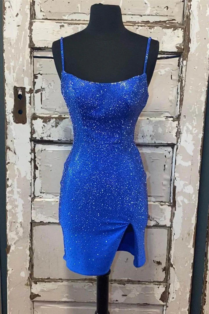 DingJiDress Beaded Light Blue Bodycon Party Dress with Slit Graduation Dresses