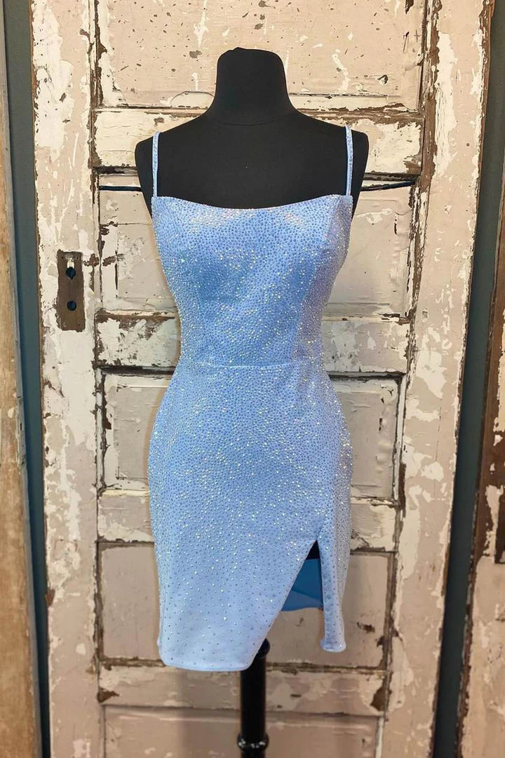 DingJiDress Beaded Light Blue Bodycon Party Dress with Slit Graduation Dresses