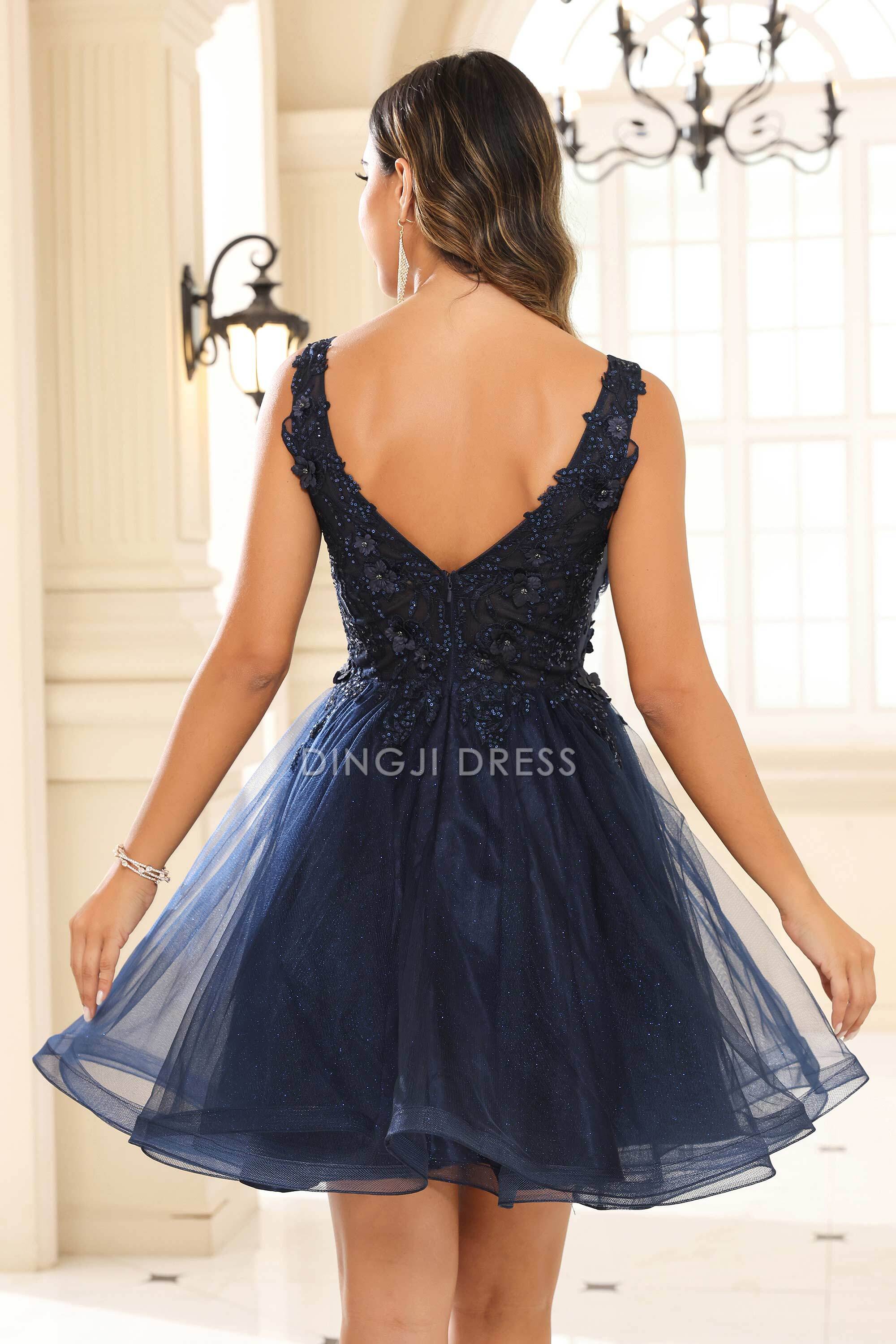 DingJiDress Hot Sale Homecoming Dress Charming A Line Deep V Neck Floral Applique Beaded Ruched Exquisite Mini Dress