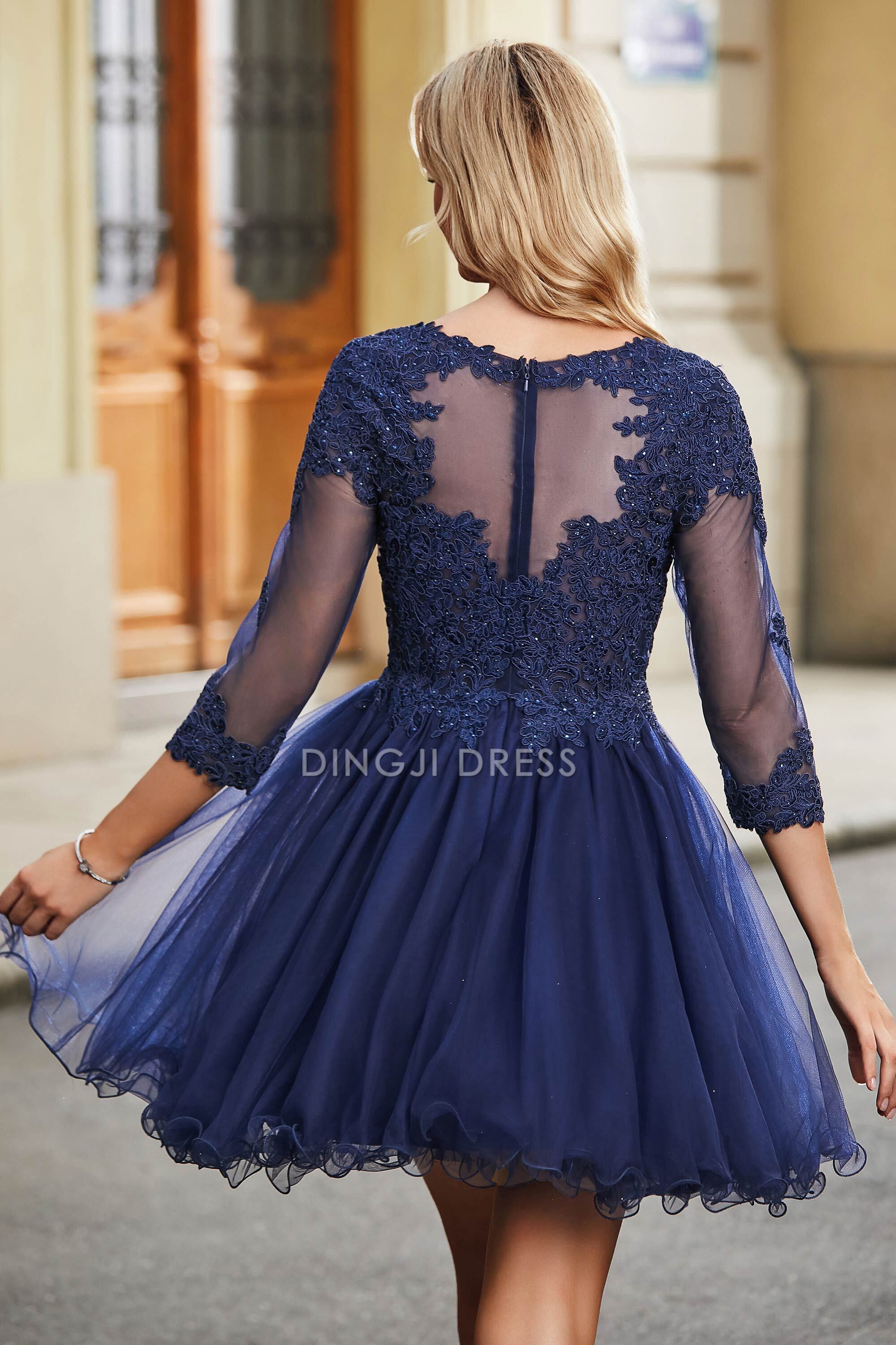 DingJiDress Hot Sale Homecoming Dress Exquisite A Line Illusion Long Sleeves Top Ruched Retro Short Dress