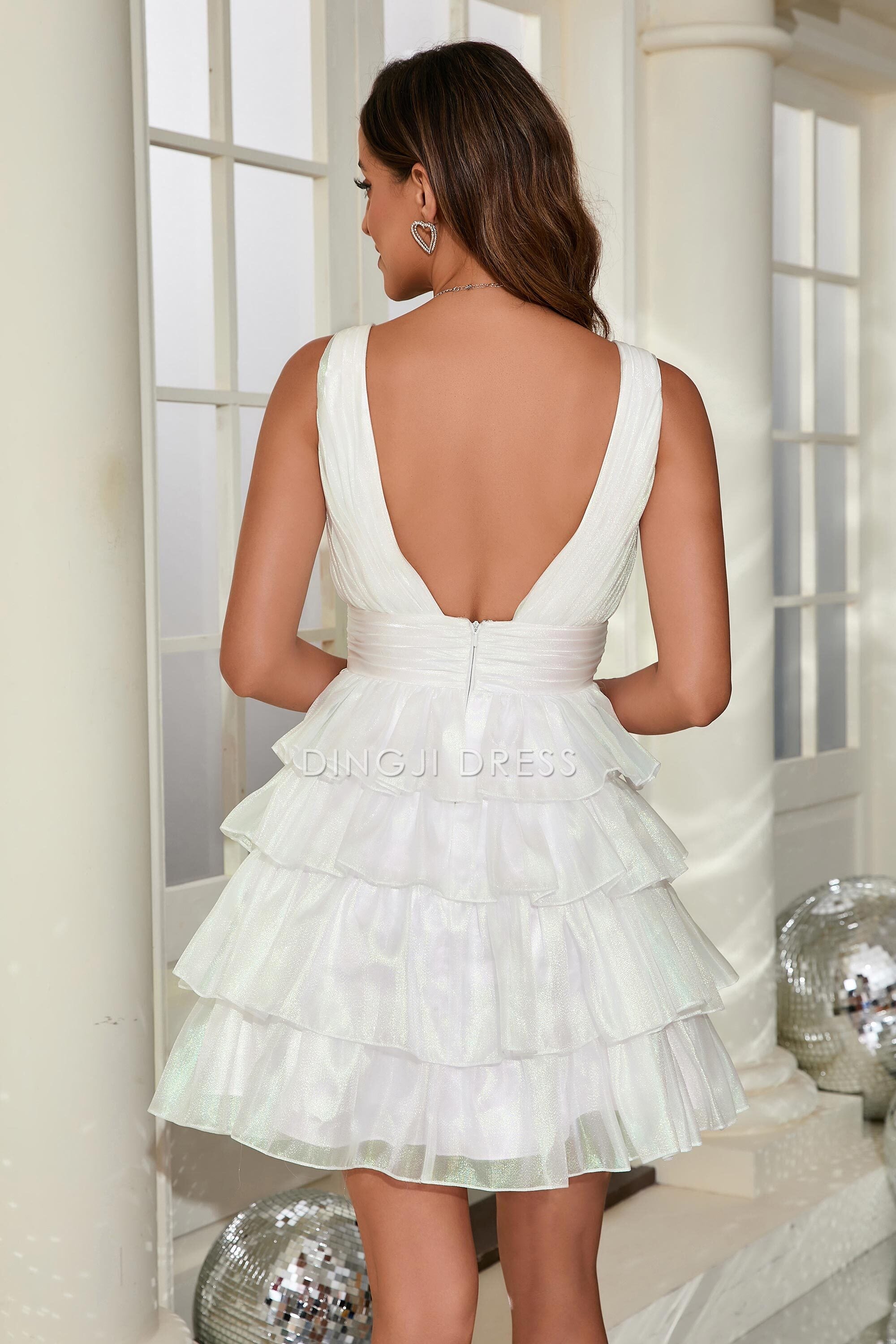 DingJiDress Hot Sale Homecoming Dress Fashion A-Line V-Neck Backless Ruched Tiered Unique Short Dress