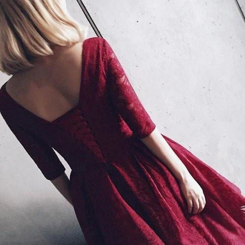 DingJiDress Half Sleeves Cocktail Dress Homecoming Dress With Lace V-Neck Short