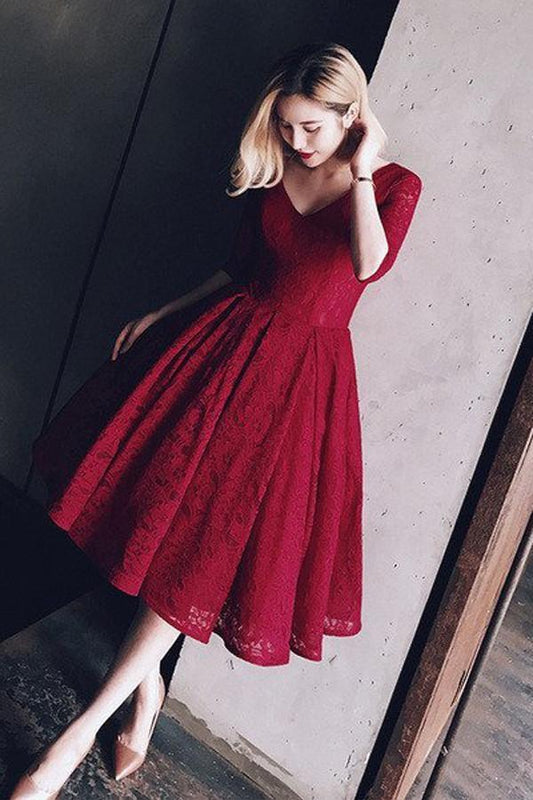DingJiDress Half Sleeves Cocktail Dress Homecoming Dress With Lace V-Neck Short