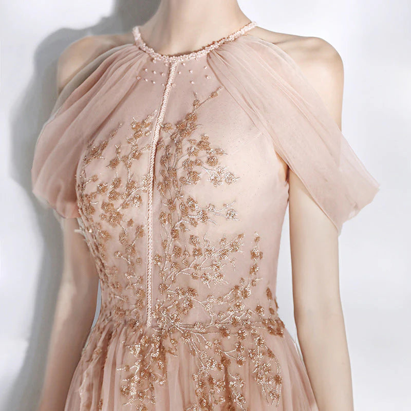 DingJiDress Evening Dresses Halter Bead Bodice A Line Long Tulle Prom Dresses