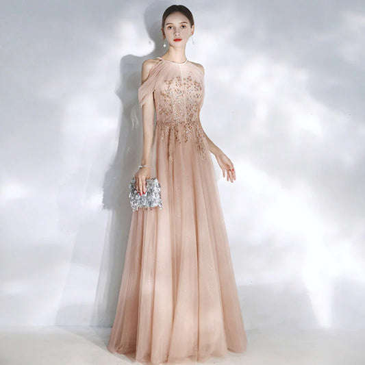 DingJiDress Evening Dresses Halter Bead Bodice A Line Long Tulle Prom Dresses