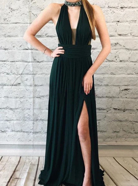 DingJiDress Prom Dresses Halter Open Back Chiffon A-Line Beaded Top