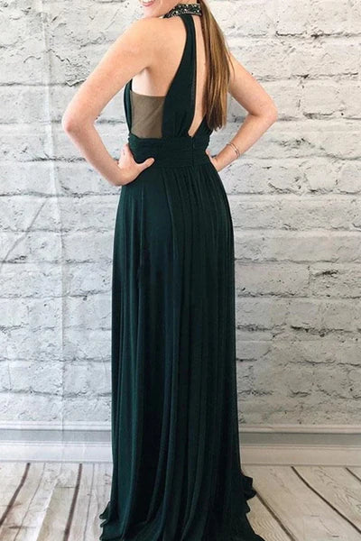 DingJiDress Prom Dresses Halter Open Back Chiffon A-Line Beaded Top