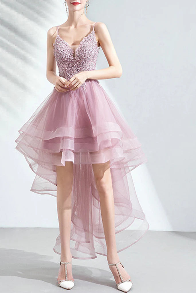 DingJiDress V Neck Prom Dresses High Low Straps Tulle Homecoming Dresses with Appliques