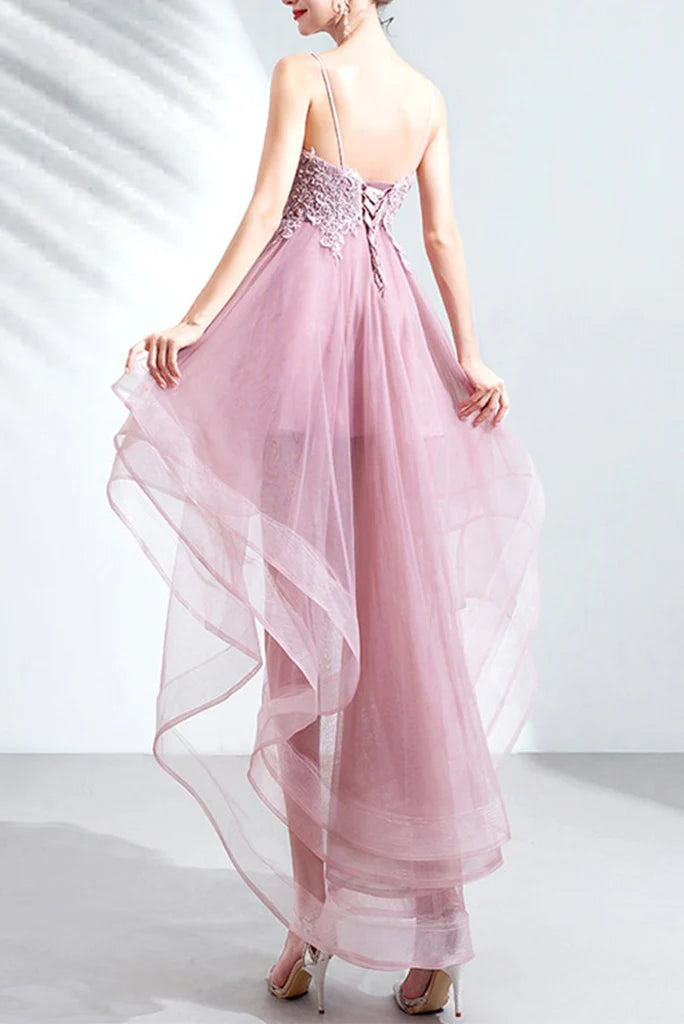 DingJiDress V Neck Prom Dresses High Low Straps Tulle Homecoming Dresses with Appliques