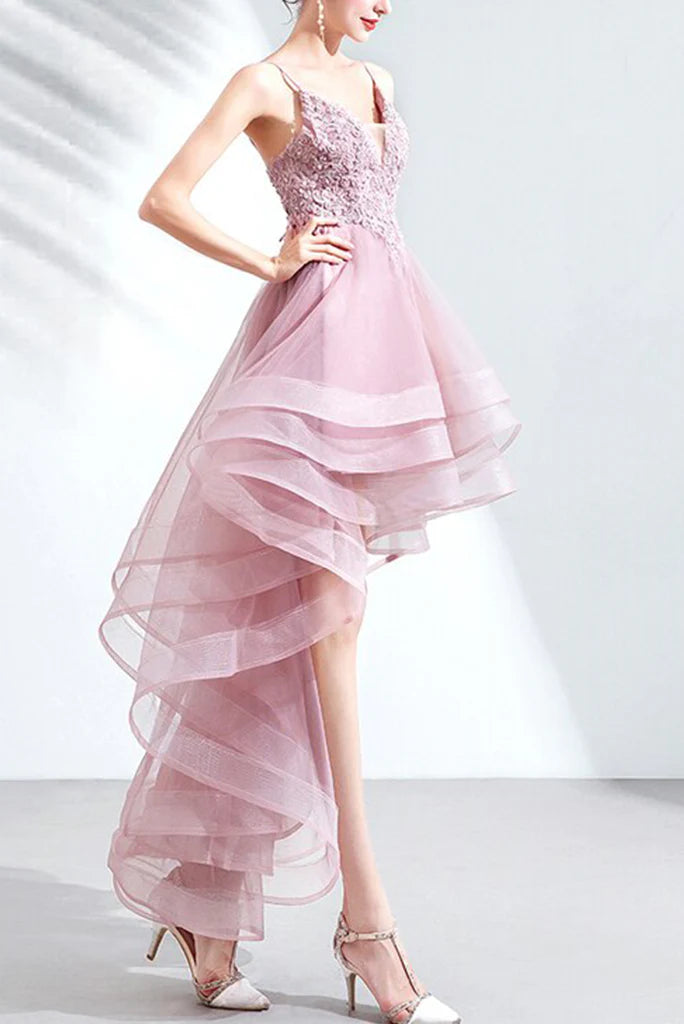 DingJiDress V Neck Prom Dresses High Low Straps Tulle Homecoming Dresses with Appliques