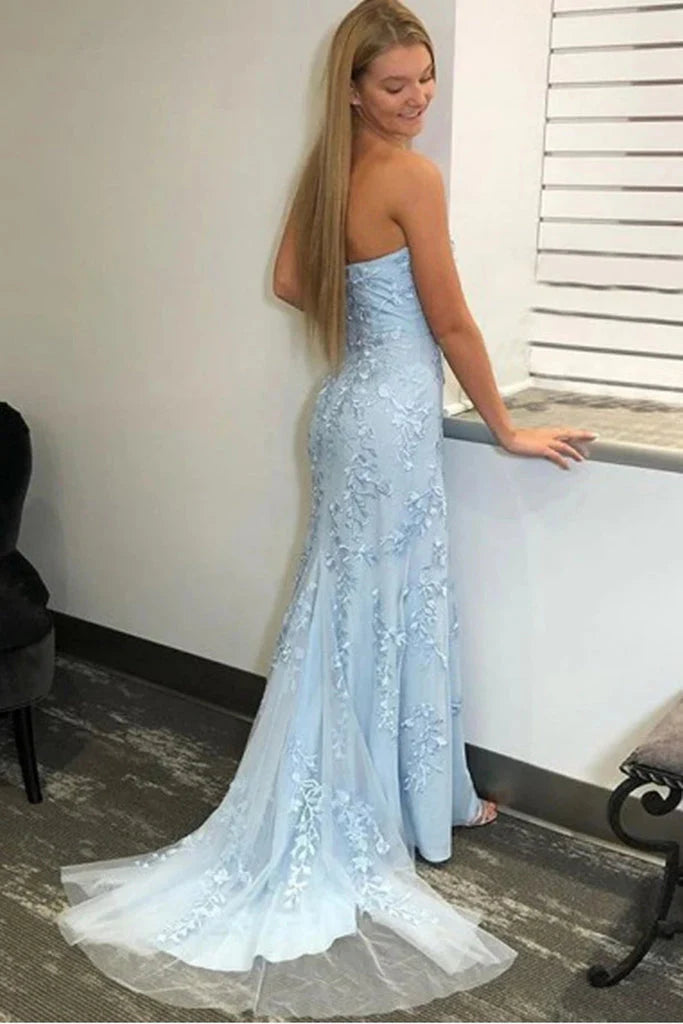 DingJiDress Hot Sale Blue Long Prom Dresses Mermaid Strapless With Slit