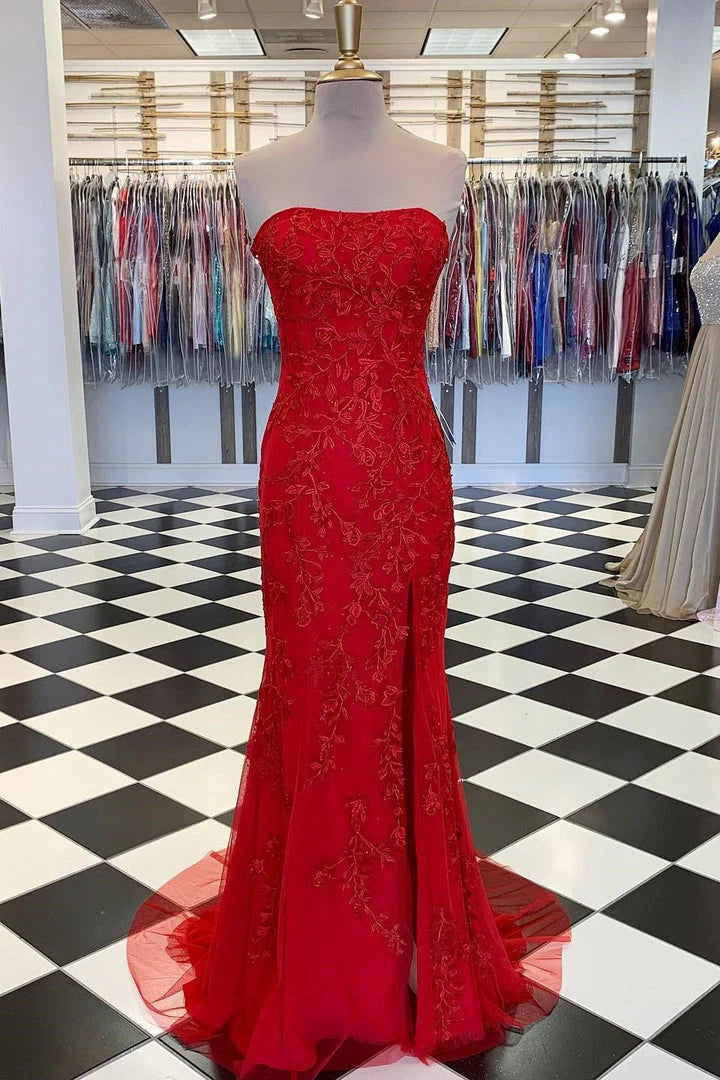 DingJiDress Hot Sale Blue Long Prom Dresses Mermaid Strapless With Slit