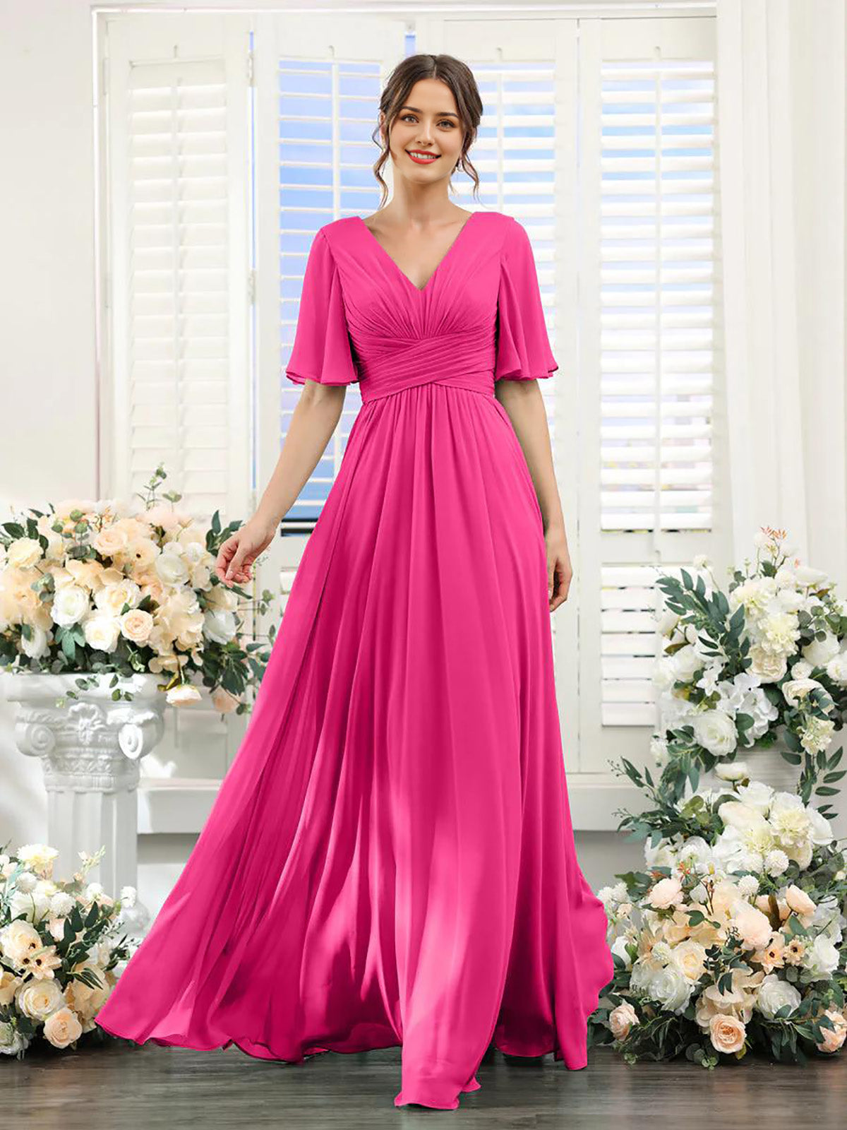 DingJiDress A-Line Bridesmaid Dress V-Neck Sleeve for Wedding Guest Long Formal Party Dresses with Slit