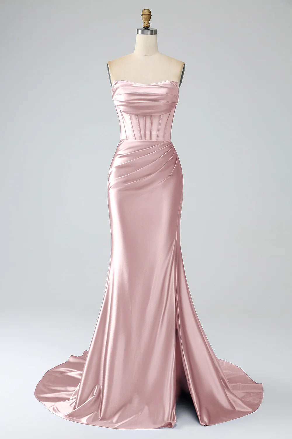 DingJiDress Blush Pink Mermaid Strapless Pleated Corset Long Prom Dress with Slit