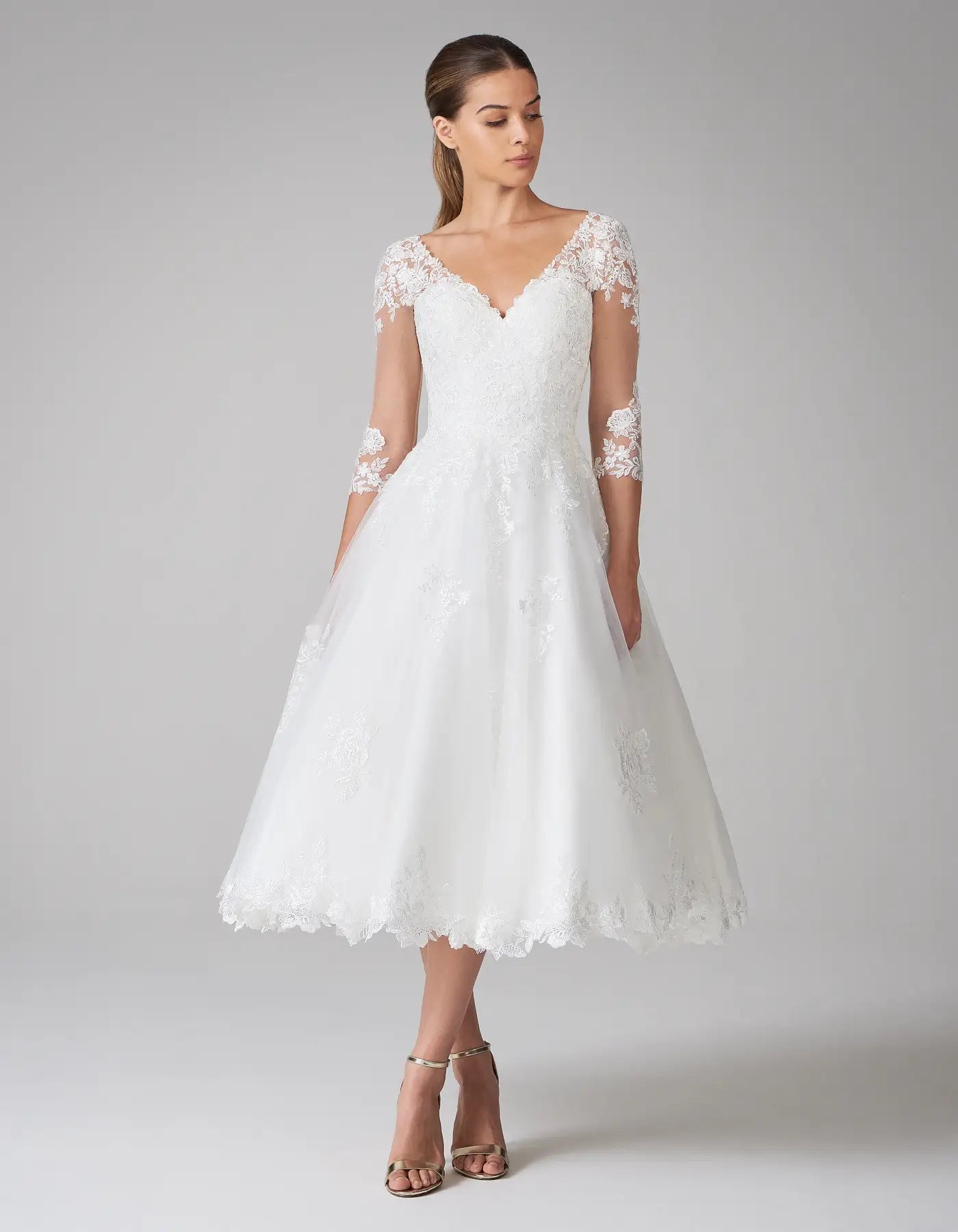 DingJiDress a modern tea length dress with sleeves Wedding Dresses