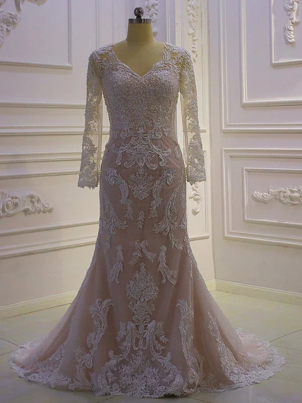 DingJiDress Long Sleeve V Neck Lace Up Back Mermaid Wedding Dresses