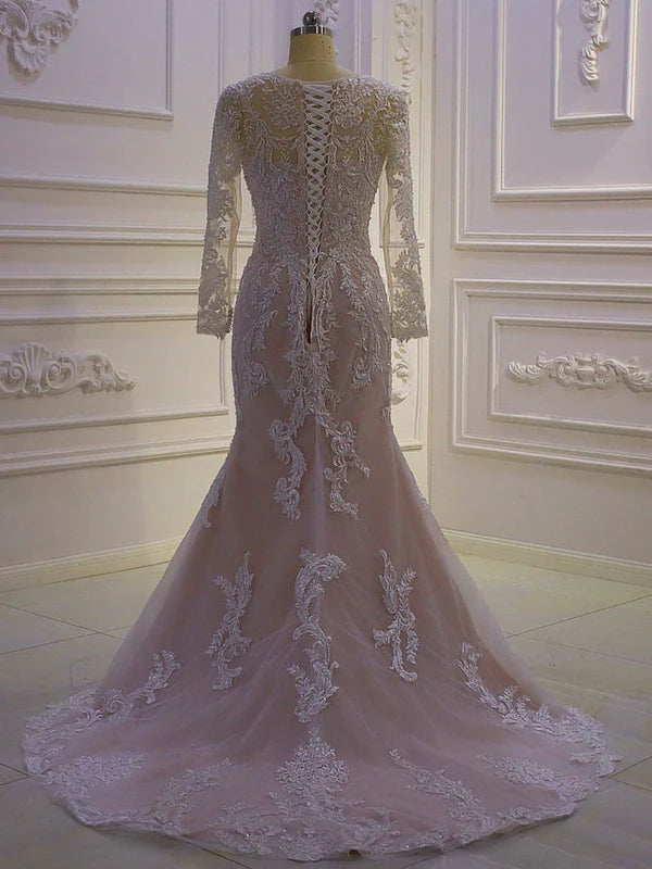 DingJiDress Long Sleeve V Neck Lace Up Back Mermaid Wedding Dresses