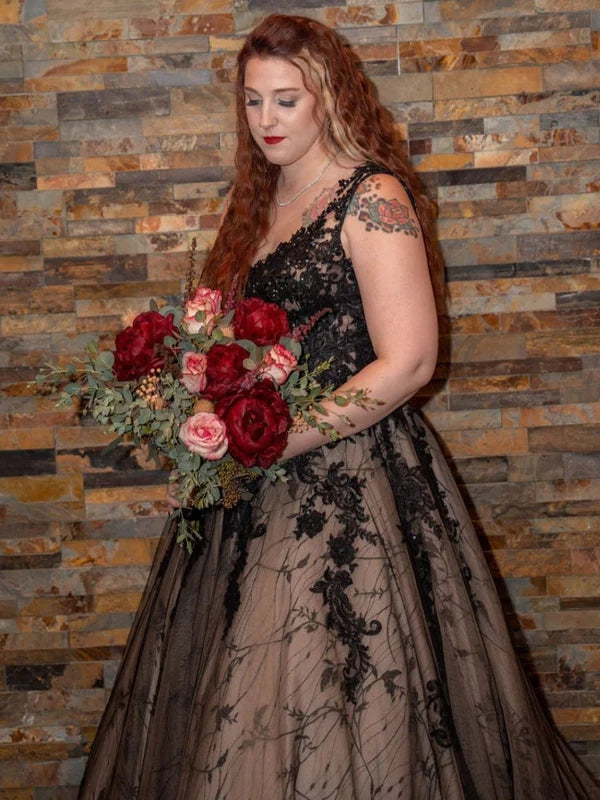 DingJiDress Illusion Scoop Neck Sleeveless Alternative Black Wedding Dresses