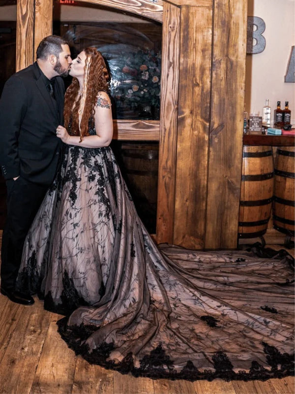 DingJiDress Illusion Scoop Neck Sleeveless Alternative Black Wedding Dresses