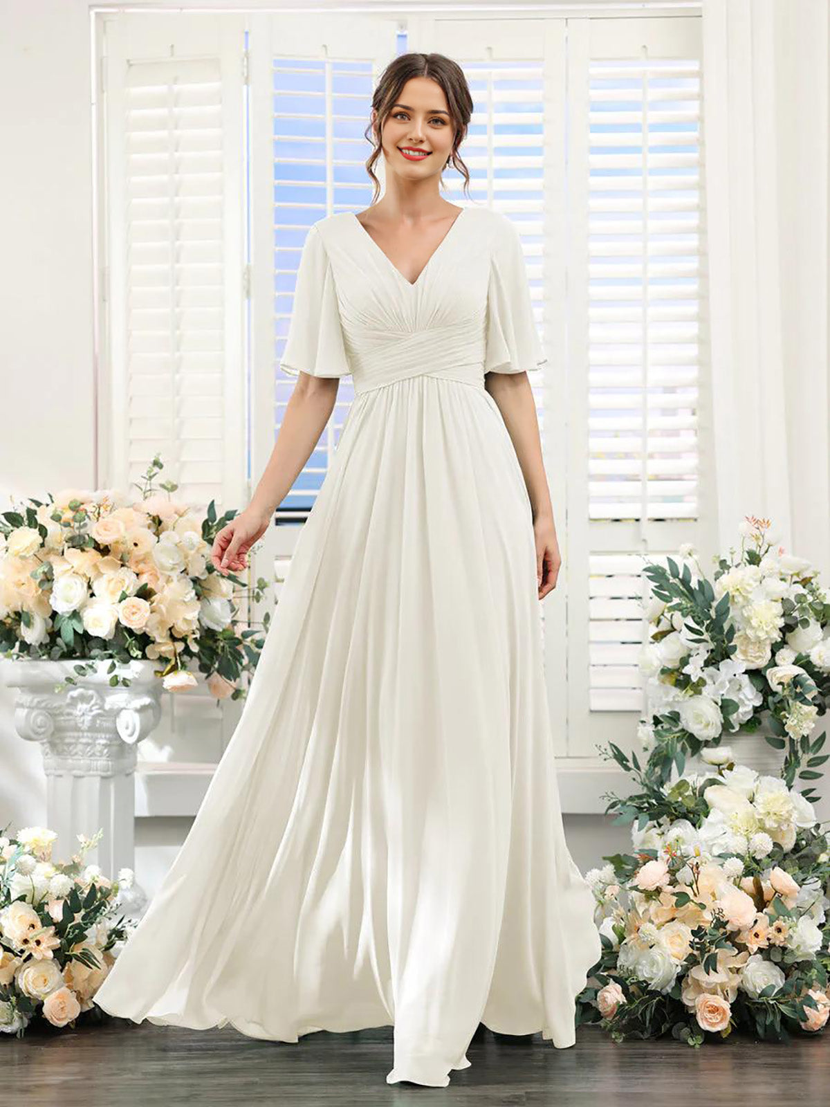 DingJiDress A-Line Bridesmaid Dress V-Neck Sleeve for Wedding Guest Long Formal Party Dresses with Slit