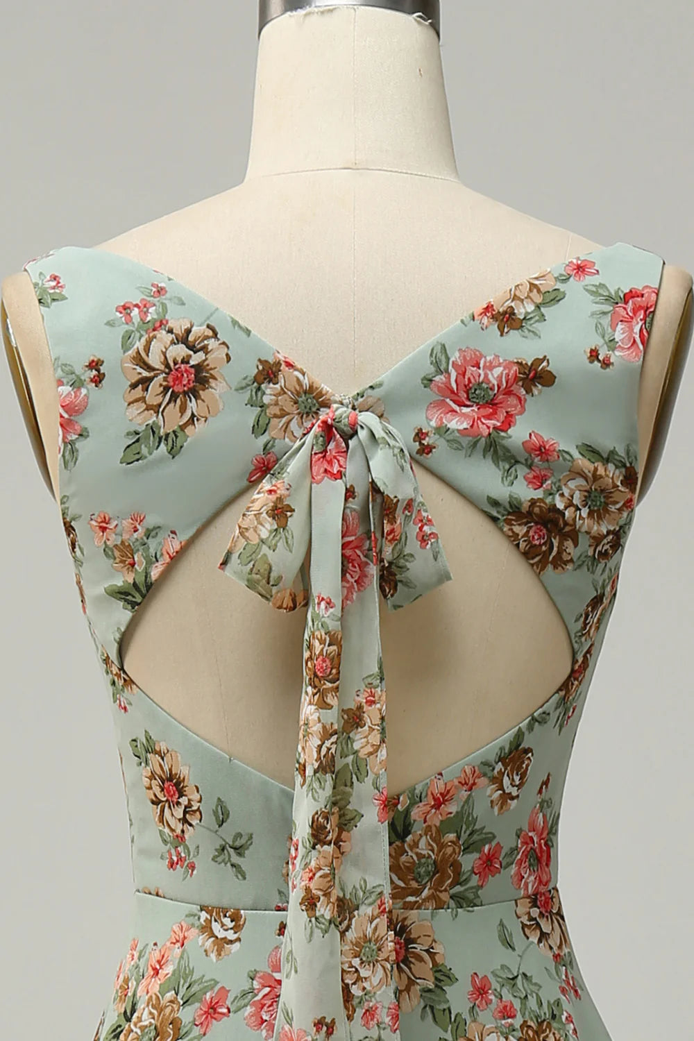 DingJiDress A Line Square Neck Green Floral Long Bridesmaid Dress with Open Back