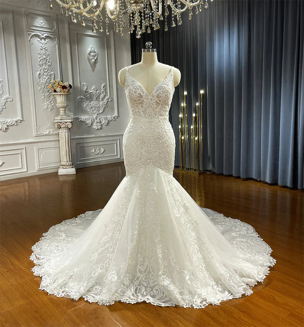 DingJiDress Straps V Neck Mermaid Wedding Dresses With Applique