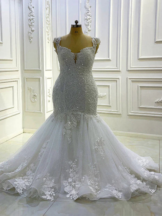 DingJiDress Straps V Neck Applique Mermaid Wedding Dresses