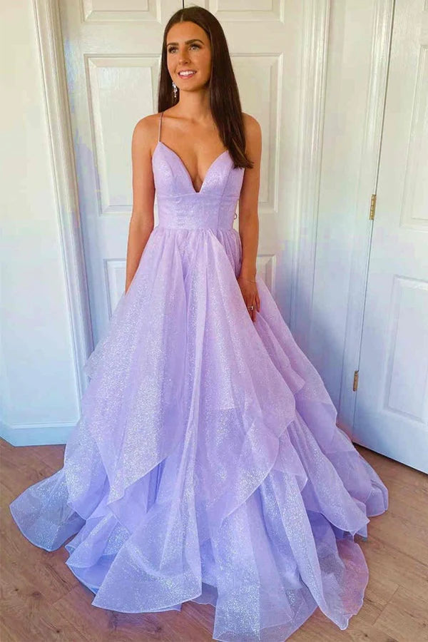 DingJiDress Floor Length V Neck Tulle A Line Prom Dresses With Sequin