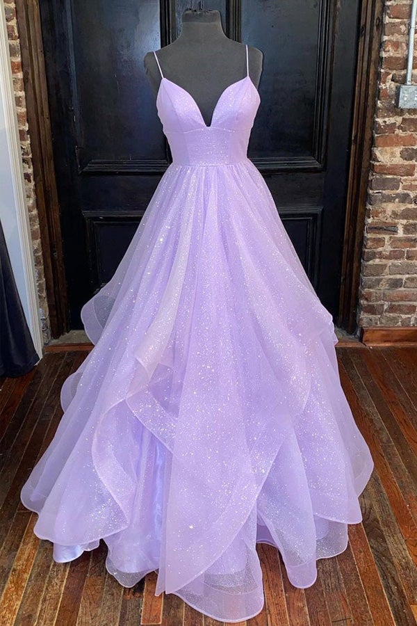 DingJiDress Floor Length V Neck Tulle A Line Prom Dresses With Sequin