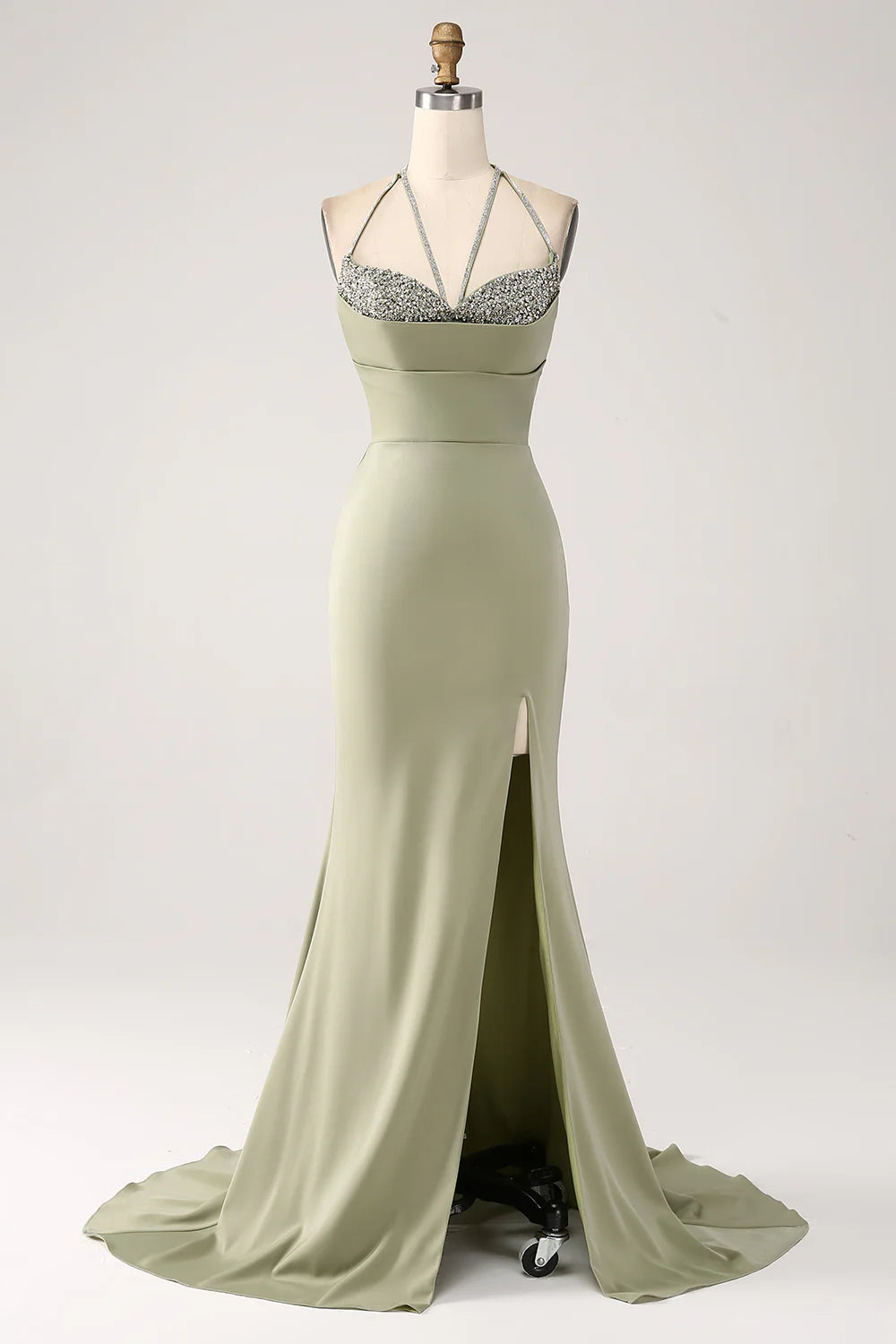 DingJiDress Sheath Pistachio V-Neck Beaded Long Prom Dress With Slit